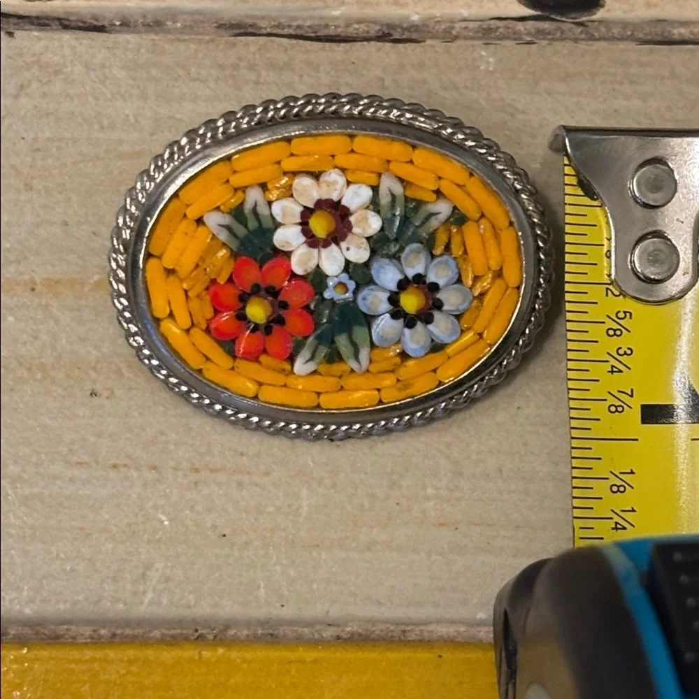 Vintage Italian Micro Mosaic Floral Brooch - Yellow Millefiori Glass